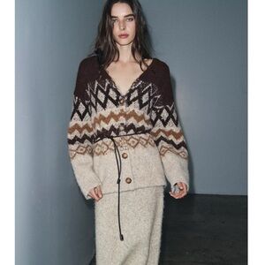 Zara SEQUINED JACQUARD KNIT CARDIGAN WITH BELT